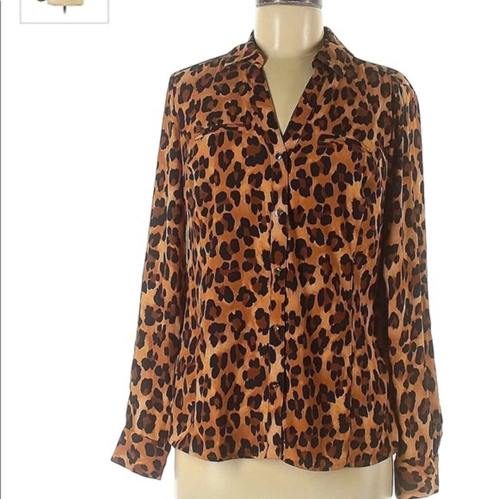 Dana Buchman size XXL blouse tan & black cheetah button up collared long sleeve